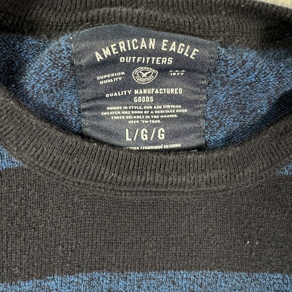 American Eagle Outfitters Sweater Men's L/S Crew Neck Striped Blue Black Large - Picture 2 of 12
